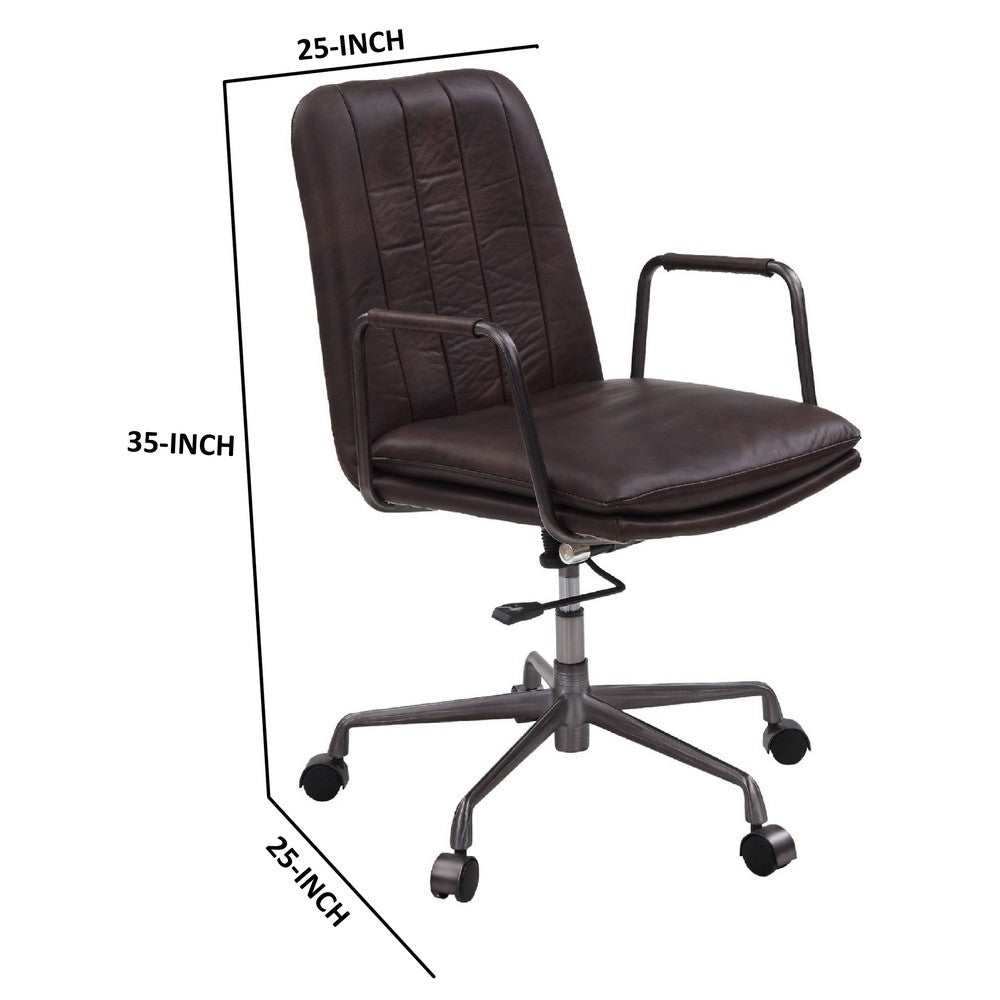 Office Chair with Leather Seat and Channel Stitching, Dark Brown - BM268944