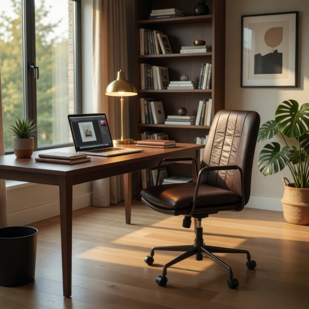 Office Chair with Leather Seat and Channel Stitching, Dark Brown - BM268944