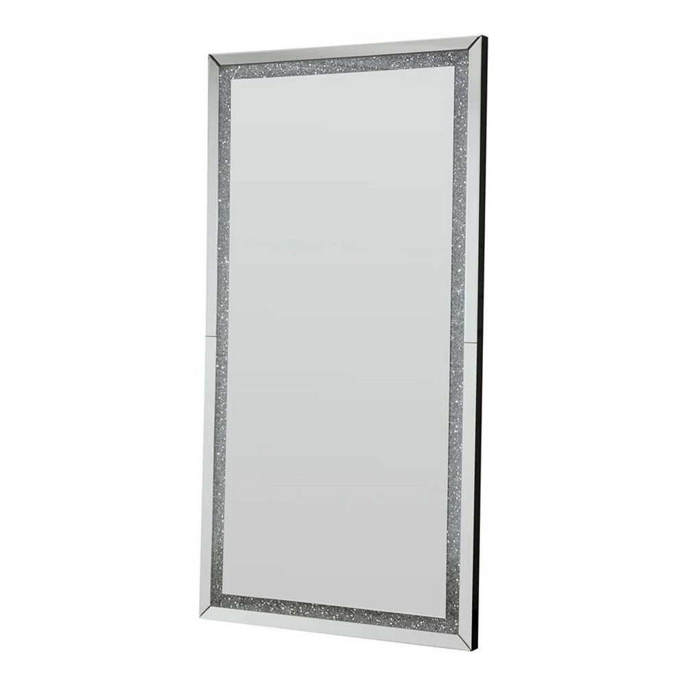 Floor Mirror with Faux Diamond Inlays and LED Trim, Silver - BM268947
