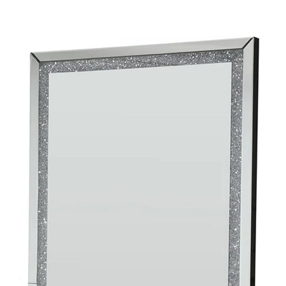 Floor Mirror with Faux Diamond Inlays and LED Trim, Silver - BM268947