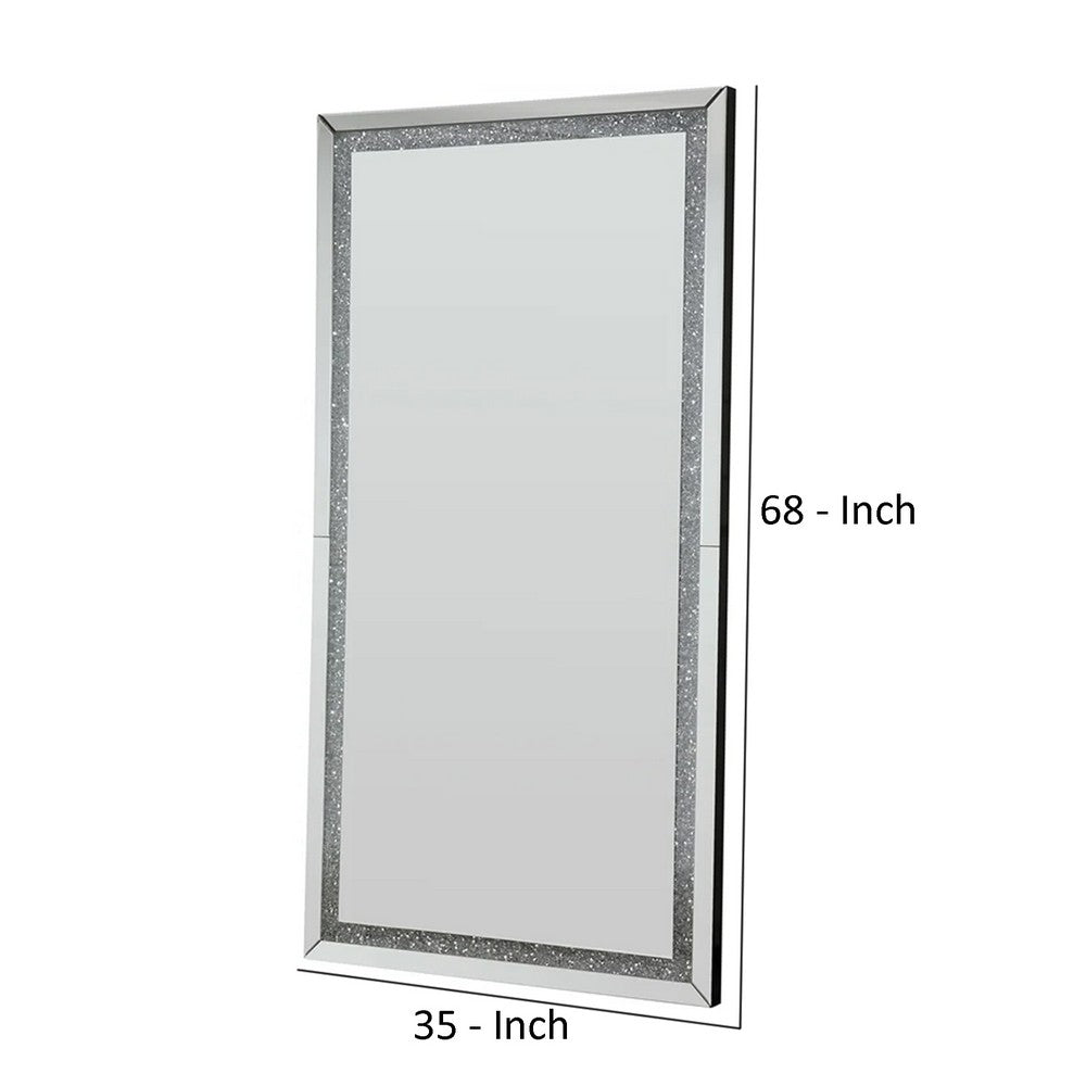 Floor Mirror with Faux Diamond Inlays and LED Trim, Silver - BM268947