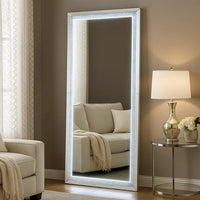Floor Mirror with Faux Diamond Inlays and LED Trim, Silver - BM268947