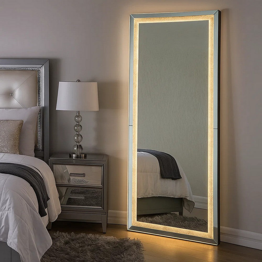 Floor Mirror with Faux Diamond Inlays and LED Trim, Silver - BM268947