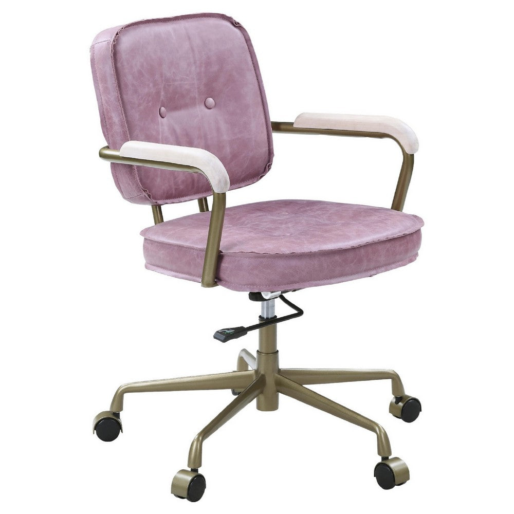 Office Chair with Leather Seat and Button Tufted Back, Pink - BM268974
