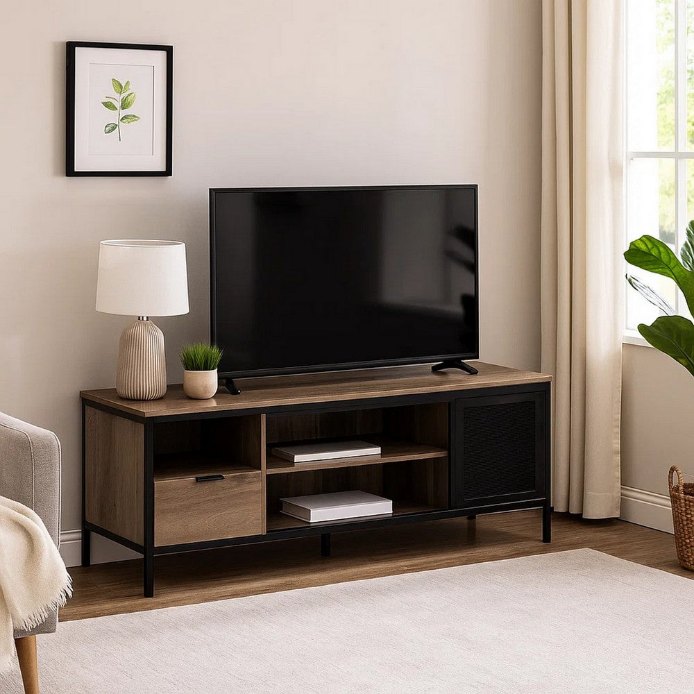 TV Stand with 1 Drawer and Open Compartments, Brown and Black - BM268975