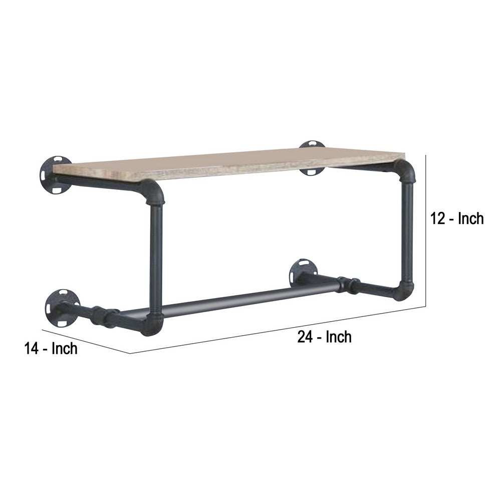 Wooden Wall Rack with Tubular Metal Frame, Brown and Black - BM268986