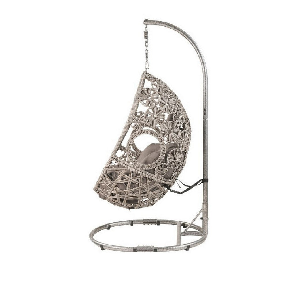 Patio Hanging Chair with Open Circular Motifs and Wicker Frame, Gray - BM269035