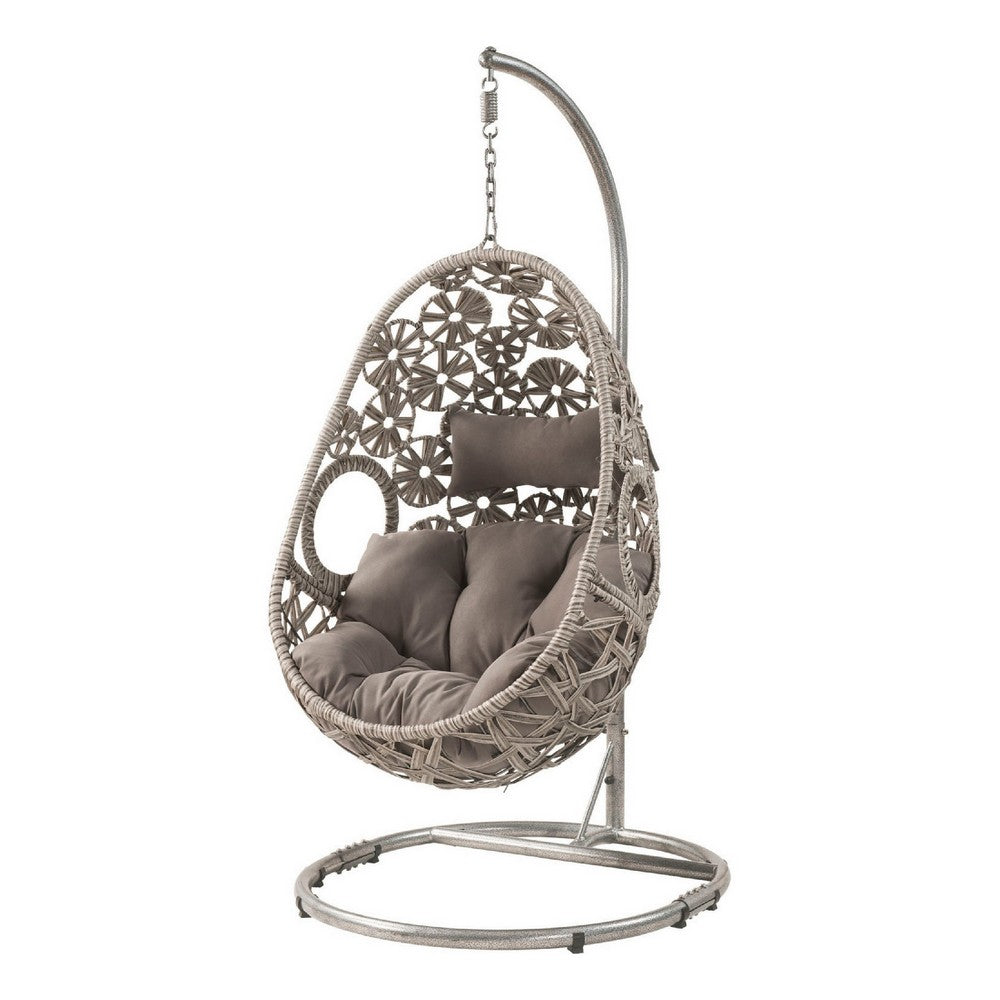 Patio Hanging Chair with Open Circular Motifs and Wicker Frame, Gray - BM269035