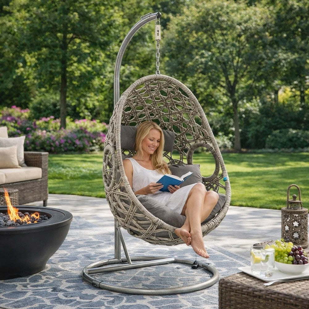 Patio Hanging Chair with Open Circular Motifs and Wicker Frame, Gray - BM269035