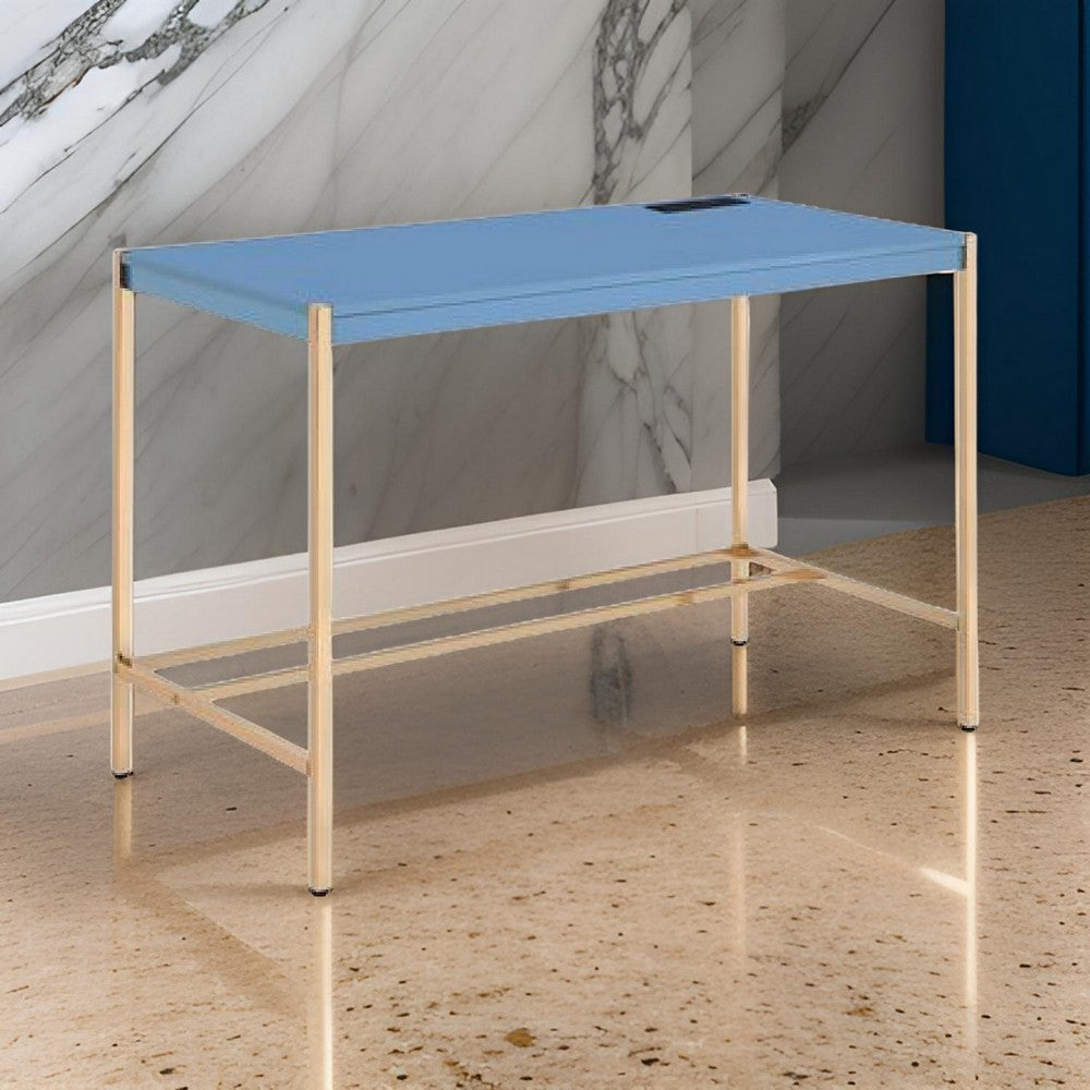 Writing Desk with USB Dock and Metal Legs, Blue and Rose Gold - BM269052