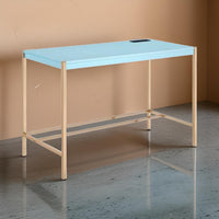 Writing Desk with USB Dock and Metal Legs, Sky Blue and Gold - BM269053