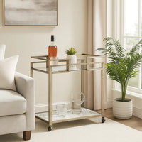 2 Tier Serving Cart with Faux Marble and Metal Frame, Silver - BM269069