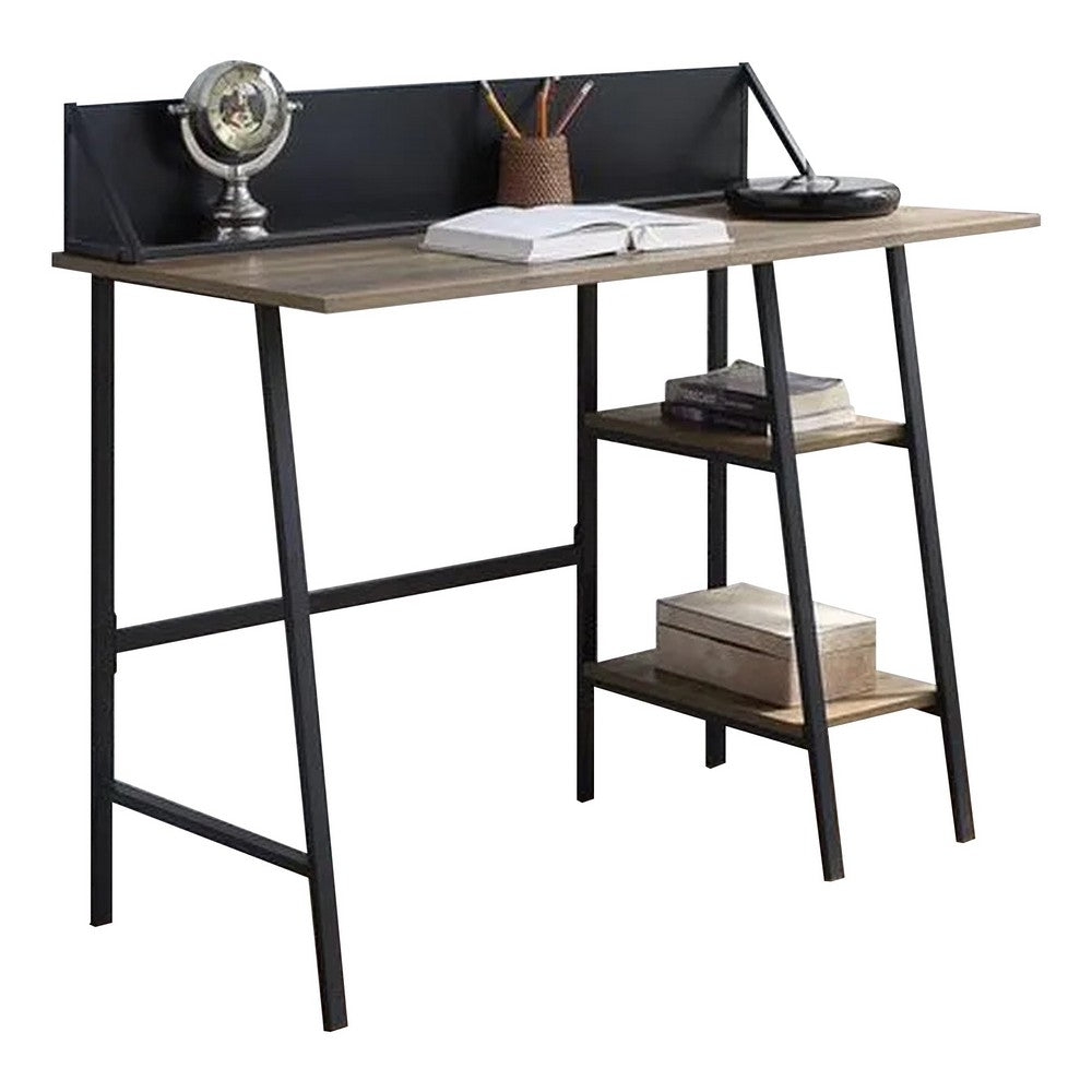 Writing Desk with 2 Bottom Shelves and Tubular Frame, Oak Brown - BM269083
