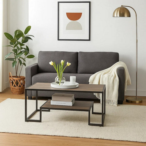Coffee Table with 1 Open Shelf and Tubular Frame, Oak Brown - BM269085
