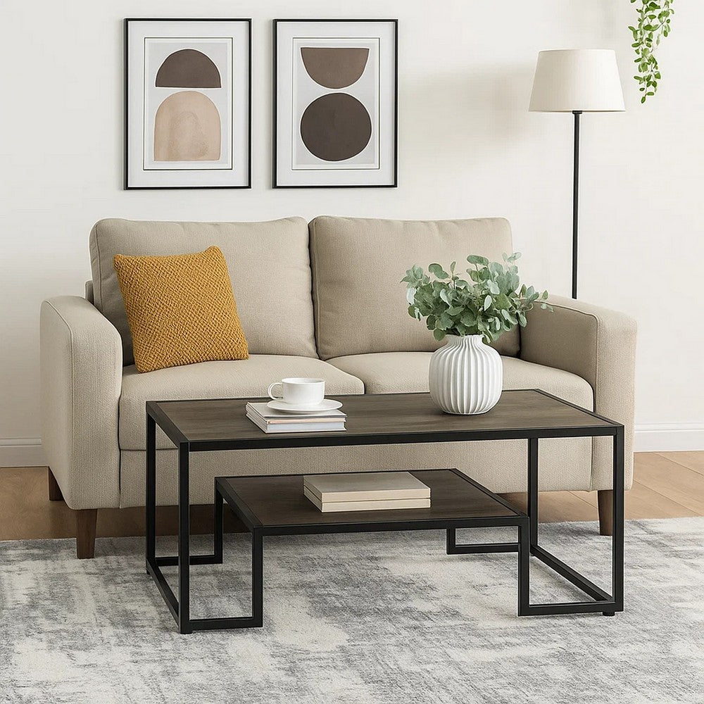 Coffee Table with 1 Open Shelf and Tubular Frame, Oak Brown - BM269085