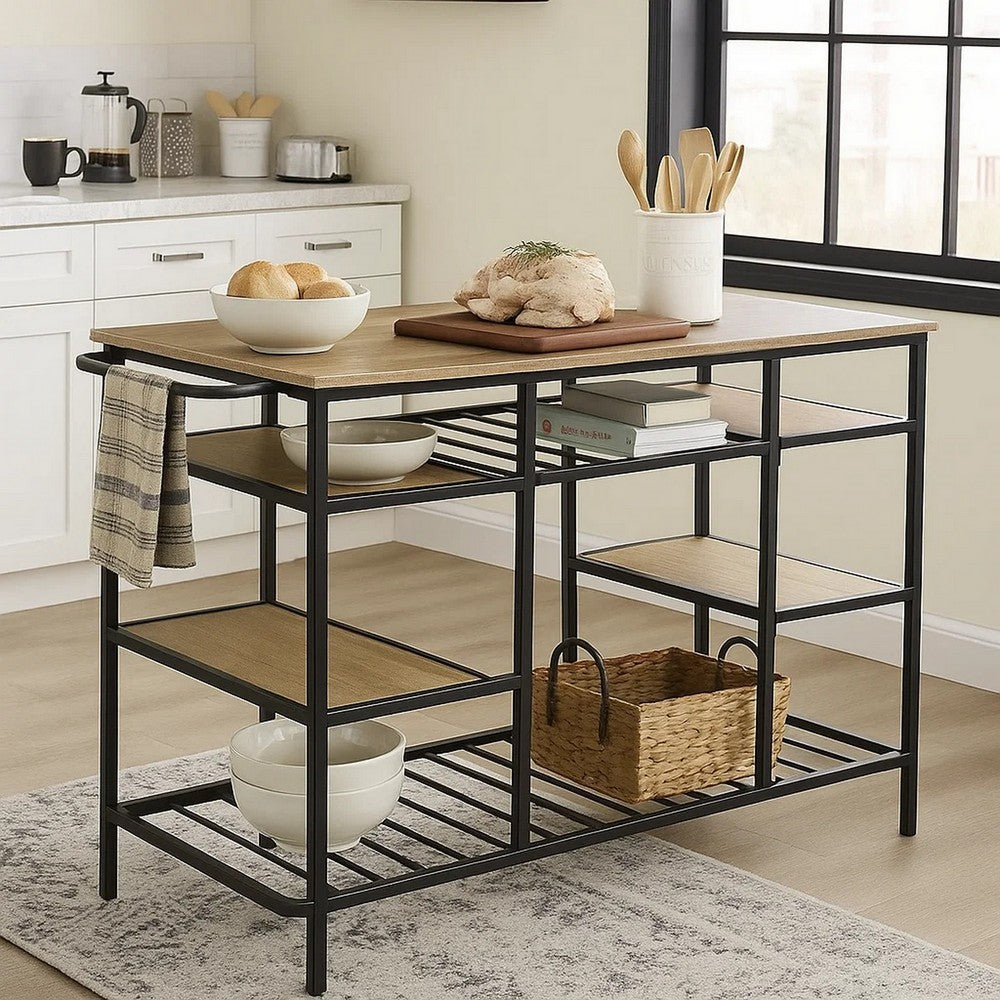 Kitchen Island with Slatted and Bottom Shelves, Oak Brown - BM269086