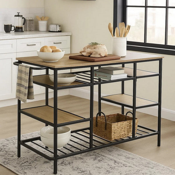 Kitchen Island with Slatted and Bottom Shelves, Oak Brown - BM269086