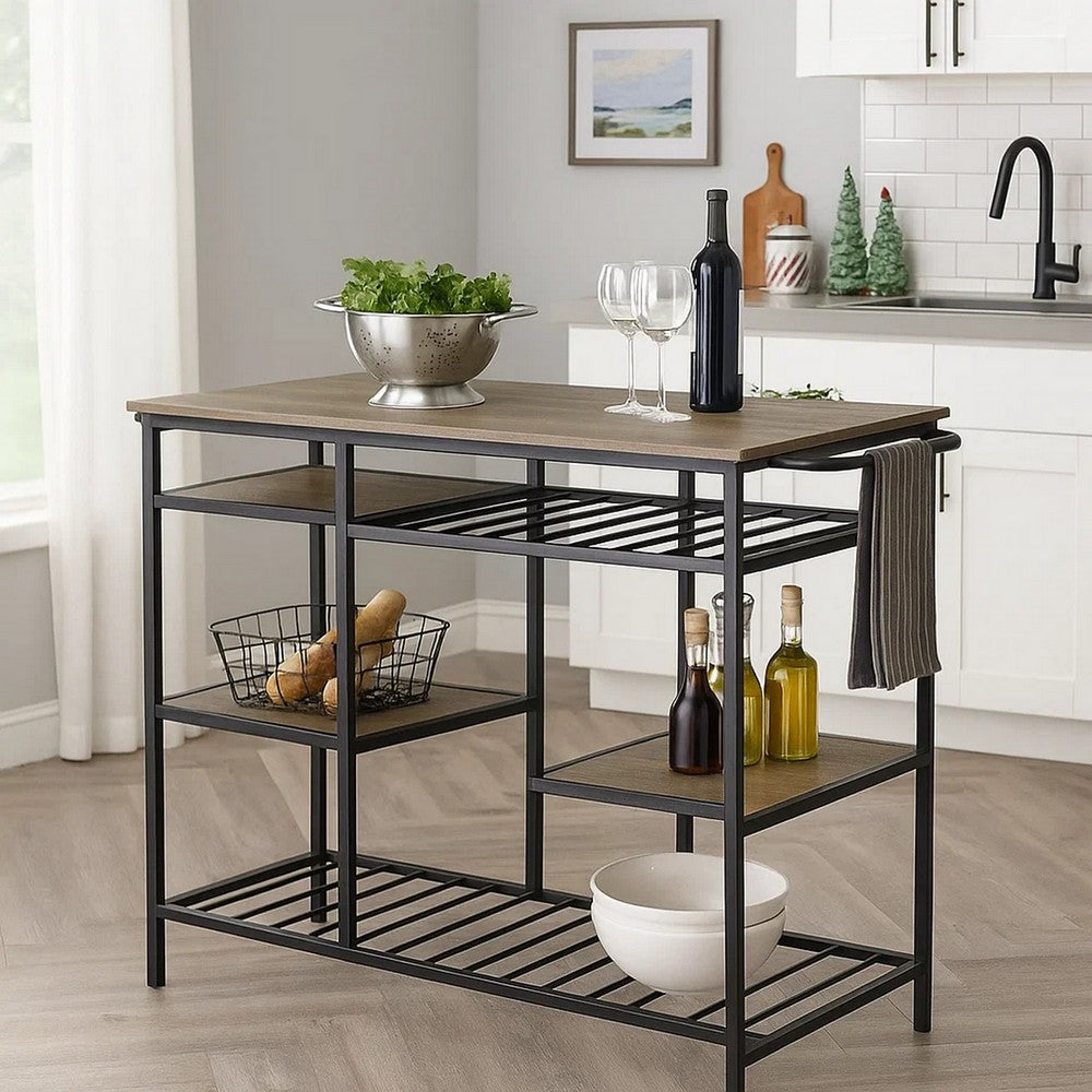 Kitchen Island with Slatted and Bottom Shelves, Oak Brown - BM269086