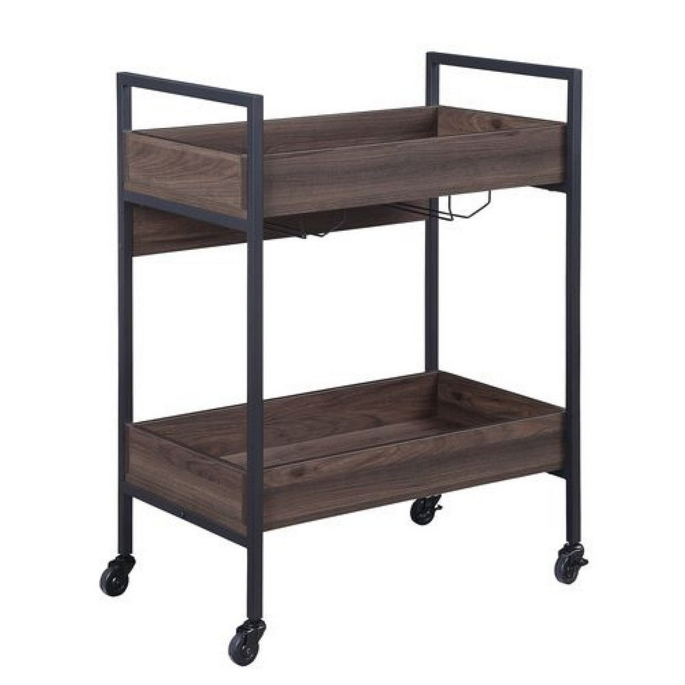 2 Tier Serving Cart with Wooden Shelves and Metal Frame, Brown - BM269087