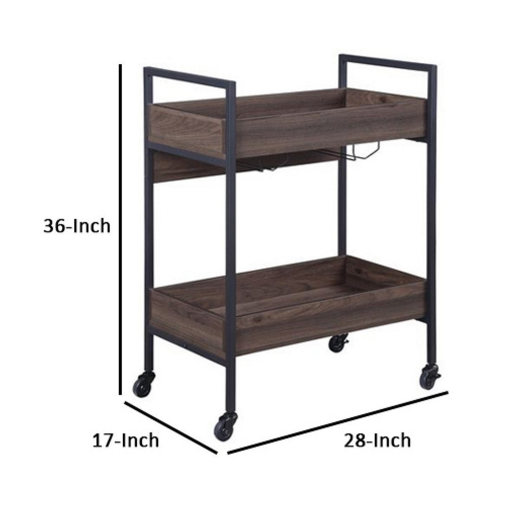 2 Tier Serving Cart with Wooden Shelves and Metal Frame, Brown - BM269087