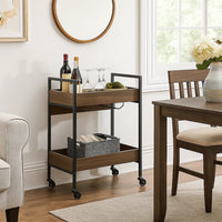 2 Tier Serving Cart with Wooden Shelves and Metal Frame, Brown - BM269087