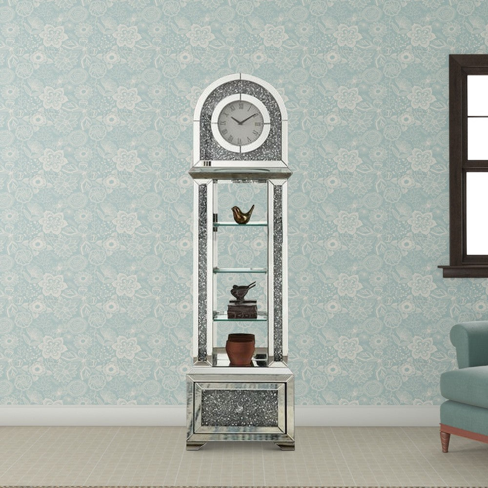 Grandfather Clock with 1 Drawer and Mirror Frame, Silver - BM269094
