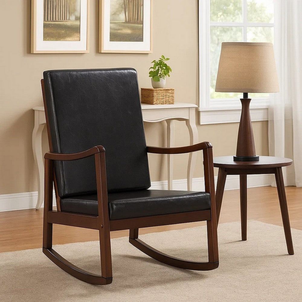 Rocking Chair with Leatherette Seating and Wooden Frame, Black - BM269201