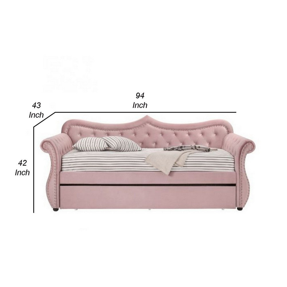 Daybed with Button Tufted Back and Rolled Arms, Pink - BM269215