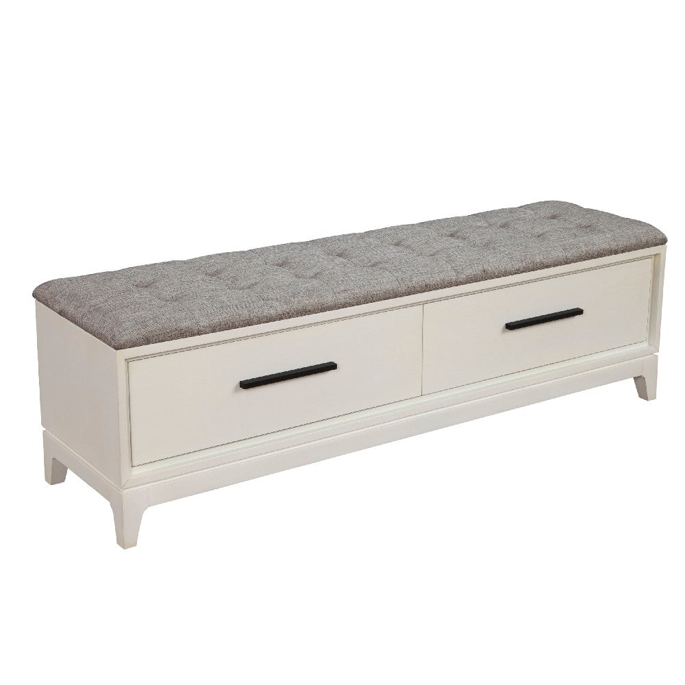 Bench with Fabric Padded Seat and 2 Drawers, Off White - BM269334