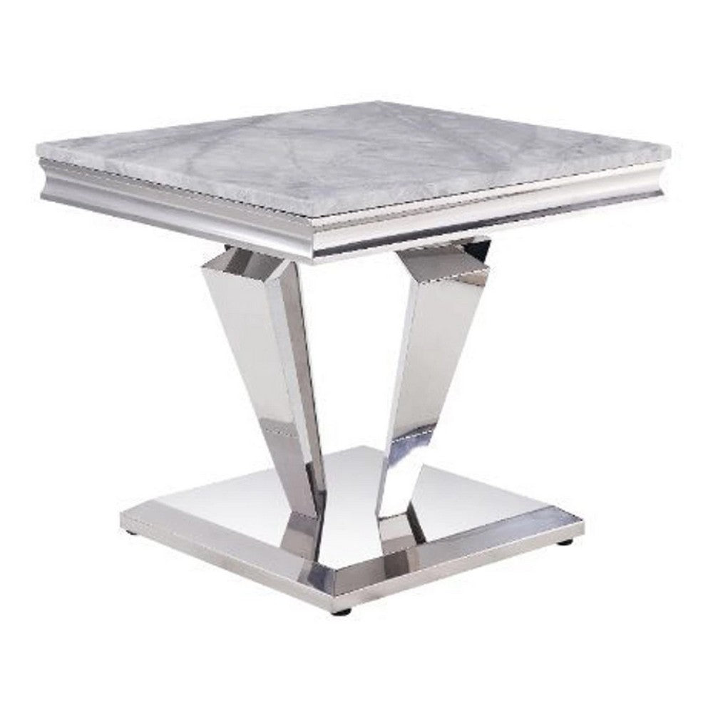 End Table with Faux Marble Top and Metal Base, White and Silver - BM269588