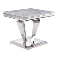 End Table with Faux Marble Top and Metal Base, White and Silver - BM269588