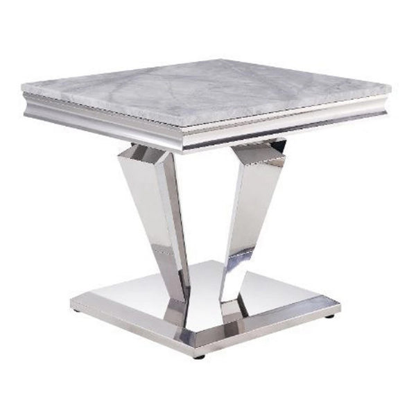 End Table with Faux Marble Top and Metal Base, White and Silver - BM269588