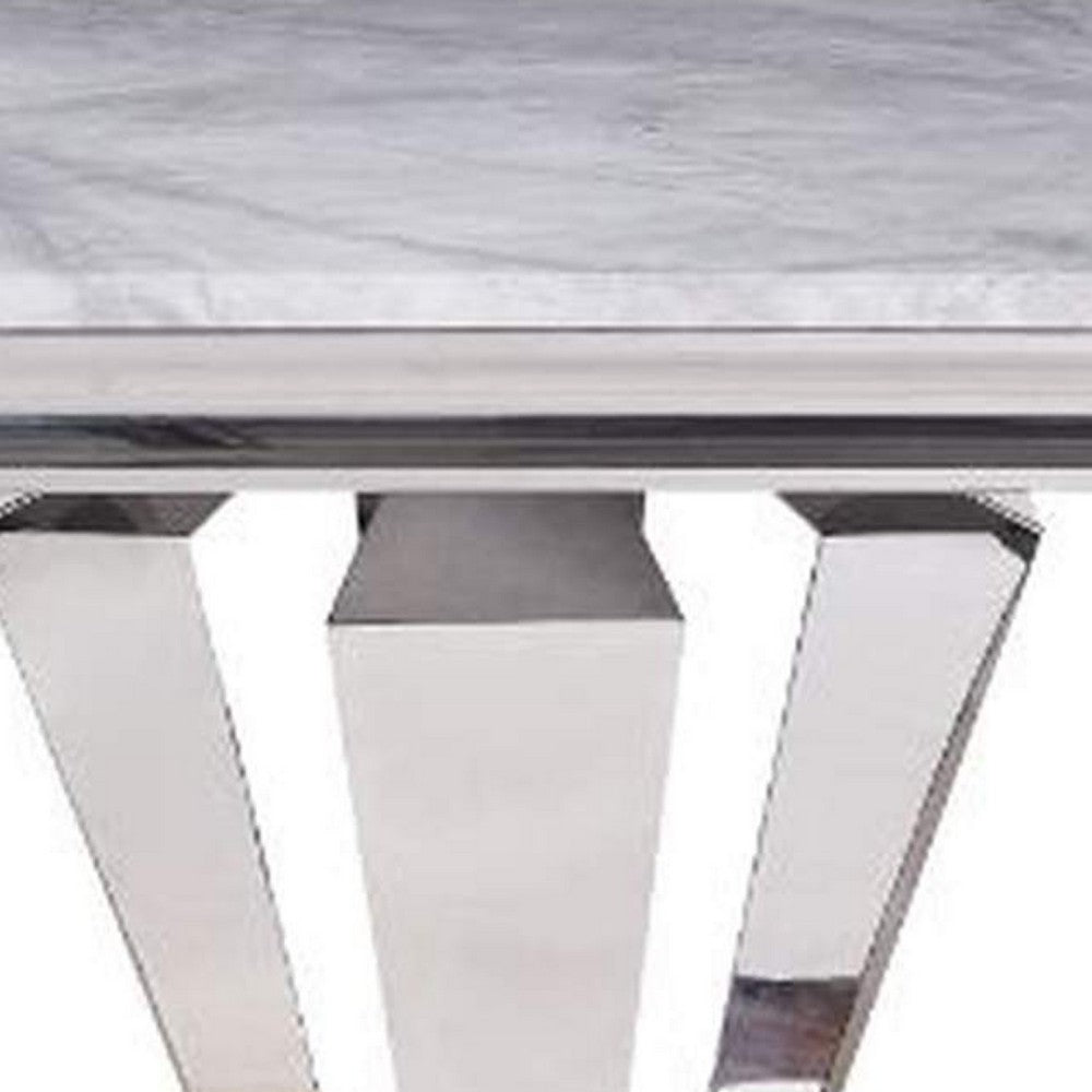 End Table with Faux Marble Top and Metal Base, White and Silver - BM269588