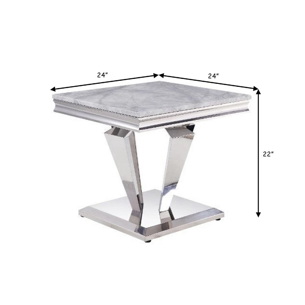 End Table with Faux Marble Top and Metal Base, White and Silver - BM269588