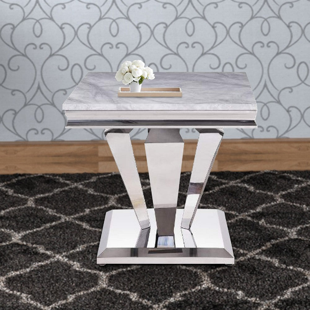 End Table with Faux Marble Top and Metal Base, White and Silver - BM269588