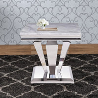 End Table with Faux Marble Top and Metal Base, White and Silver - BM269588
