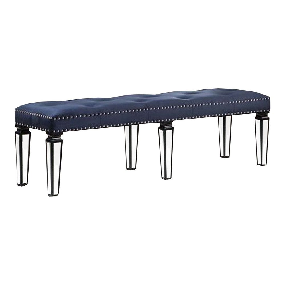 Bench with Button Tufting and Mirror Tapered Legs, Blue - BM269606