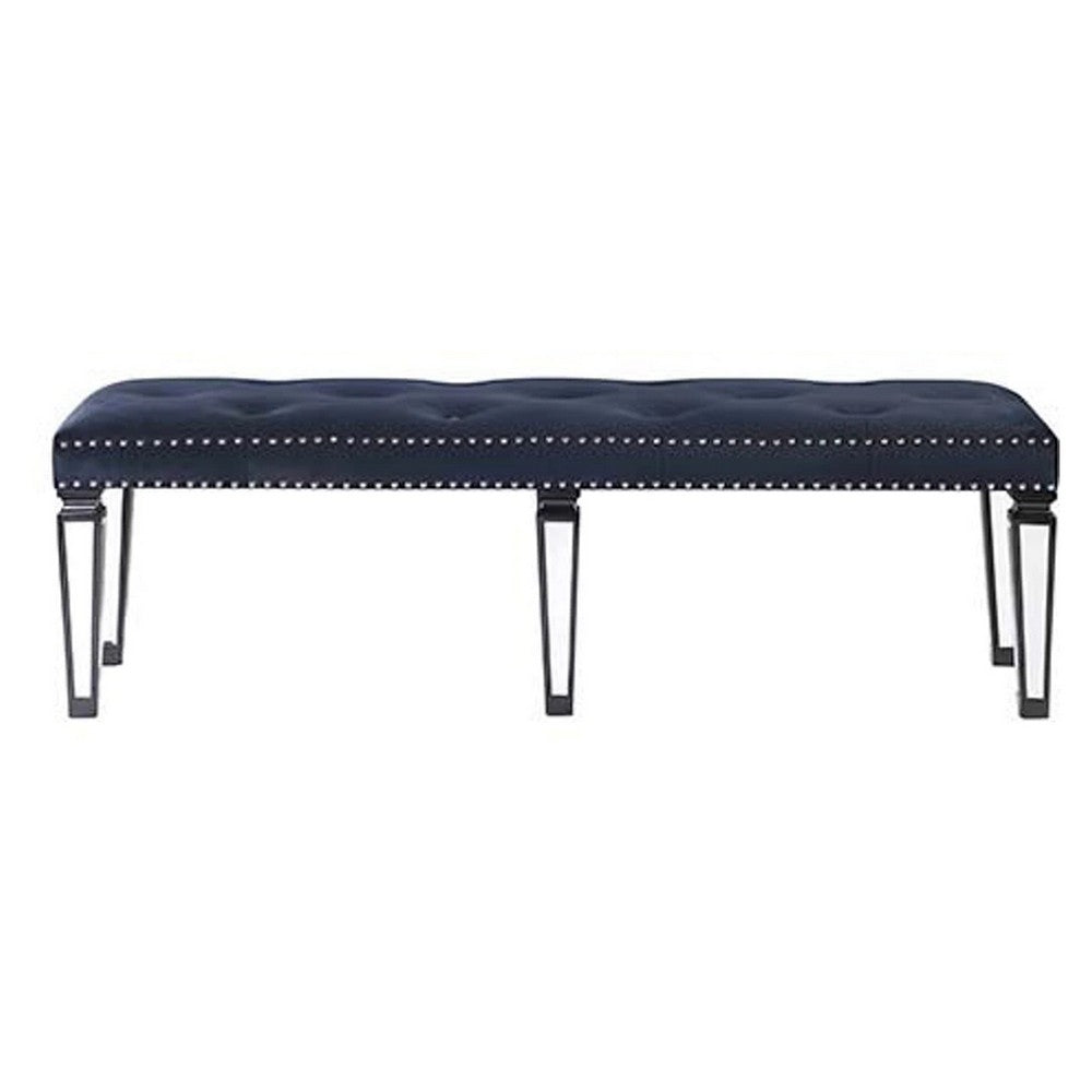 Bench with Button Tufting and Mirror Tapered Legs, Blue - BM269606