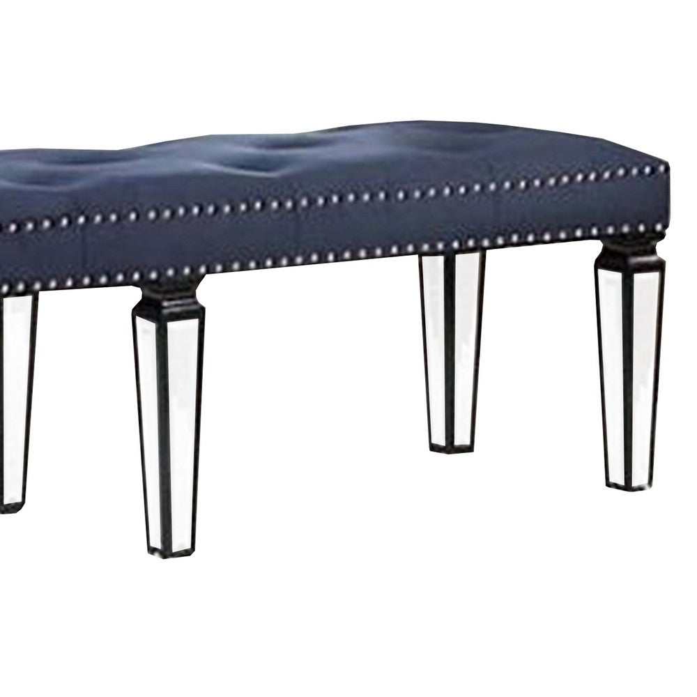 Bench with Button Tufting and Mirror Tapered Legs, Blue - BM269606