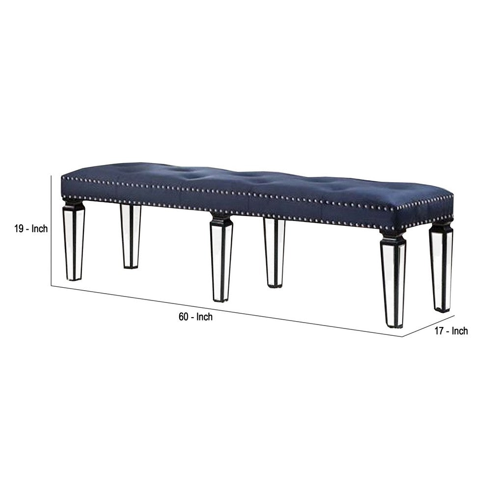 Bench with Button Tufting and Mirror Tapered Legs, Blue - BM269606