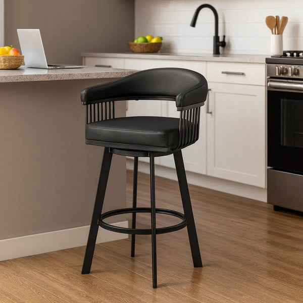 Swivel Barstool with Open Metal Frame and Slatted Arms, Black - BM270138