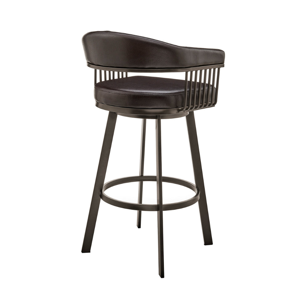 Swivel Barstool with Open Metal Frame and Slatted Arms, Brown - BM270140