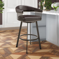 Swivel Barstool with Open Metal Frame and Slatted Arms, Brown - BM270140