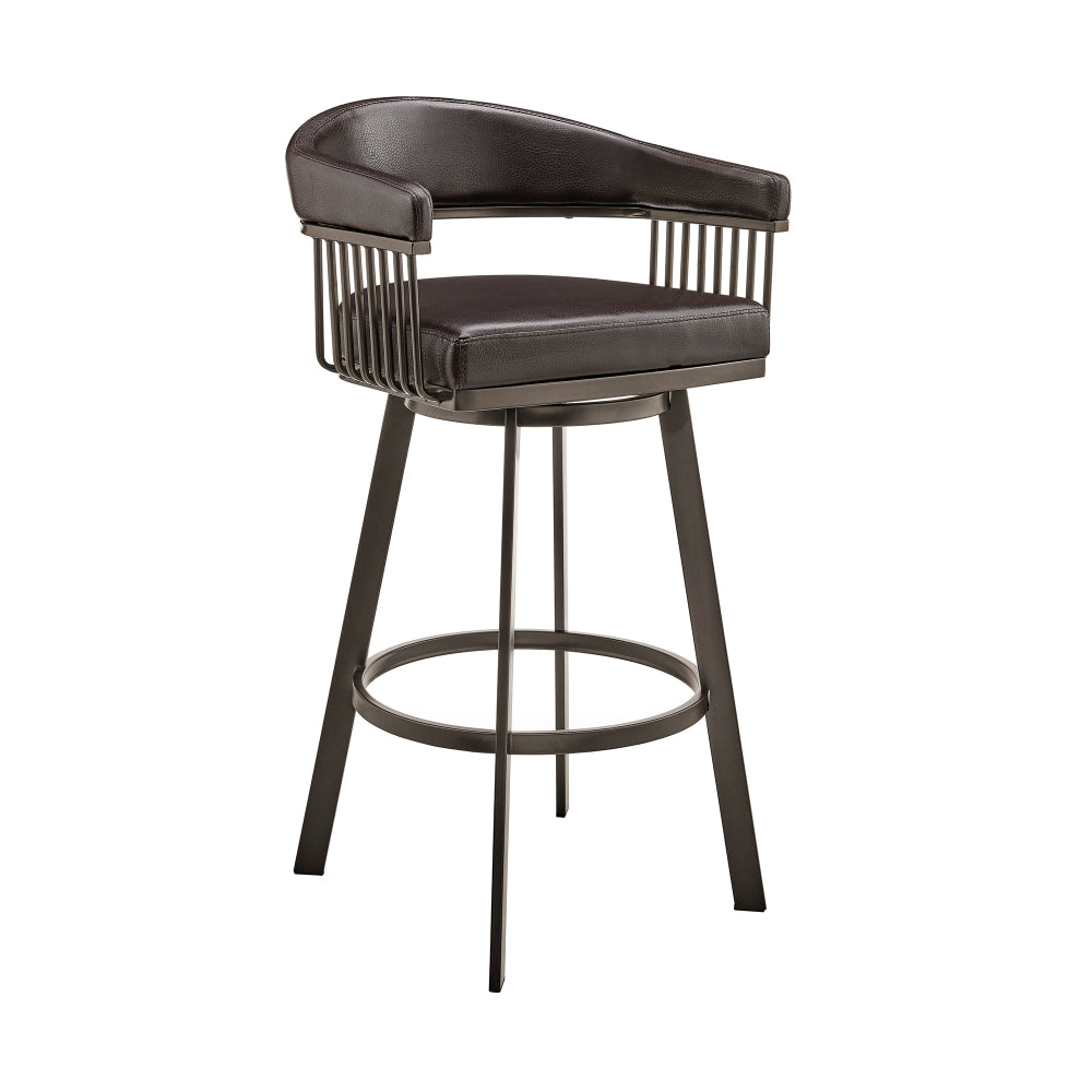 Swivel Barstool with Open Metal Frame and Slatted Arms, Brown - BM270140