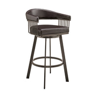 Swivel Barstool with Open Metal Frame and Slatted Arms, Brown - BM270140