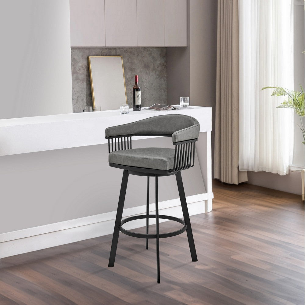 Swivel Barstool with Open Design Metal Frame and Slatted Arms, Gray and Black - BM270143