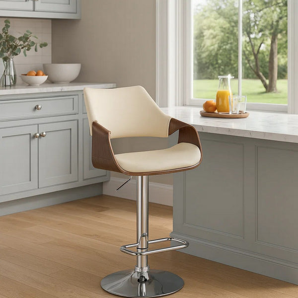 Bar Stool with Curved Leatherette Back and Seat, Cream - BM270407