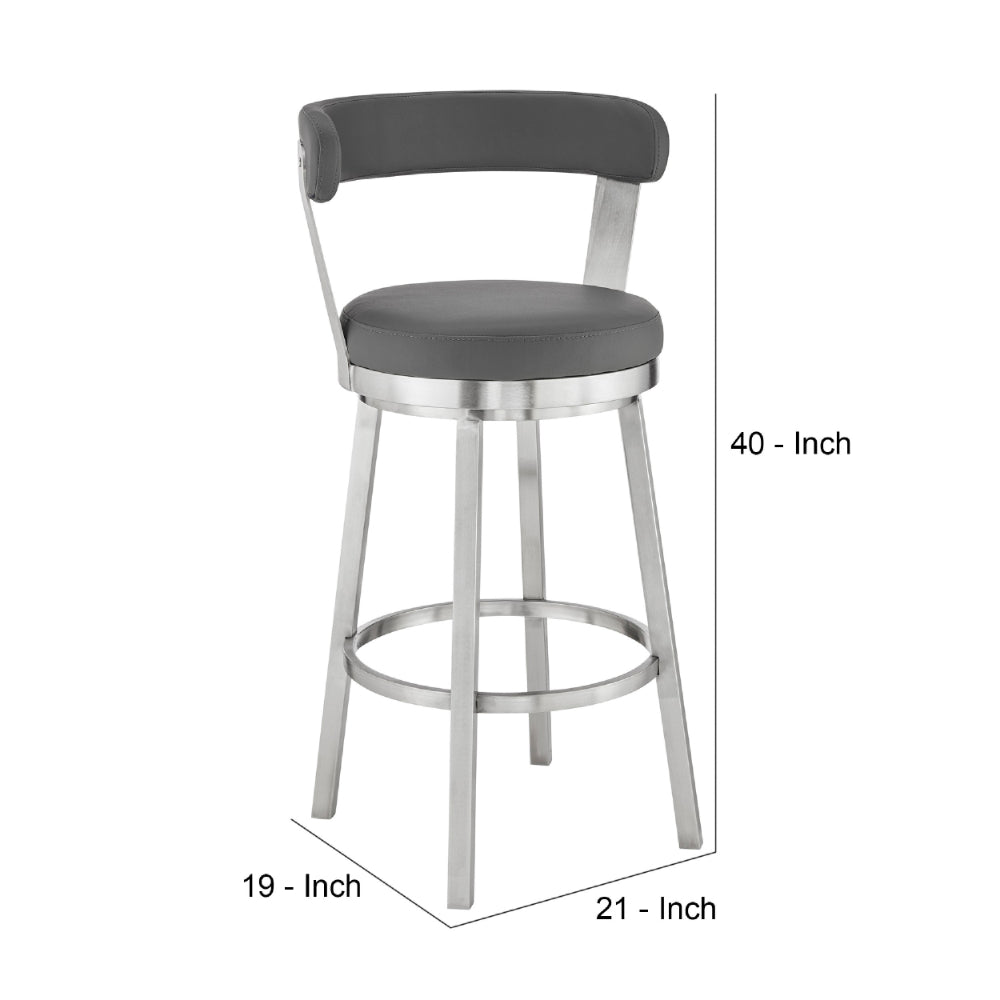 Swivel Barstool with Curved Open Back and Metal Legs, Gray and Silver - BM271159