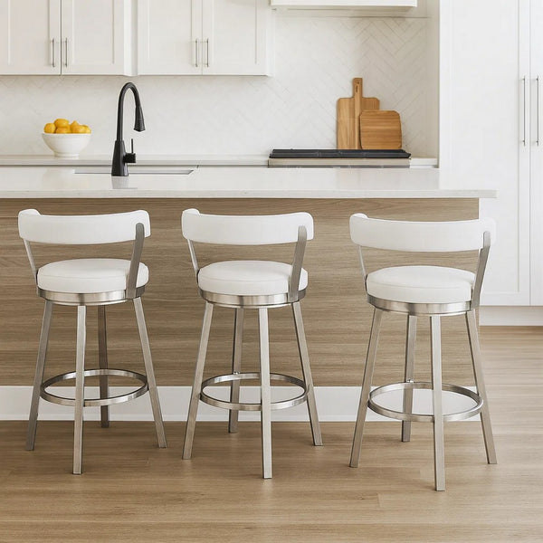Swivel Counter Barstool with Curved Open Back and Metal Legs, White and Silver - BM271160
