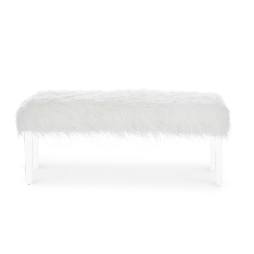 49 Inch Faux Fur Bench with Acrylic Clear Legs, White - BM272063